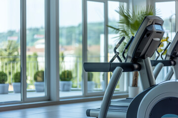 Sticker - A state-of-the-art fitness center equipped with modern exercise equipment and panoramic windows overlooking the hotel's surroundings. Concept of health and well-being. Generative Ai.