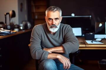 Wall Mural - mature man sitting in home office looking at camera