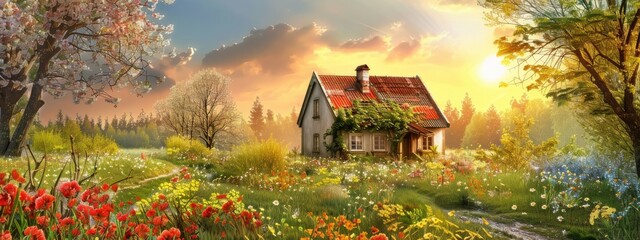 A peaceful, countryside background with a quaint cottage and blooming flowers.