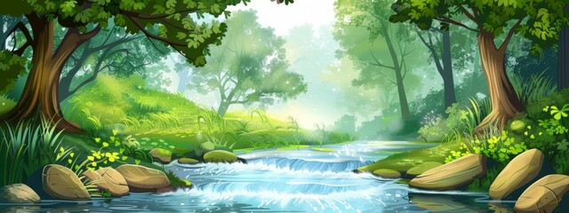 Wall Mural - A peaceful, riverbank background with gentle water flow and lush trees.