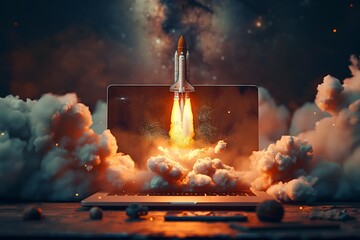 Illustration of a rocket flying from the laptop screen, Concept growing business