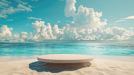 Wall Mural - A beach scene with a large white object on the sand. The sky is cloudy and the water is blue