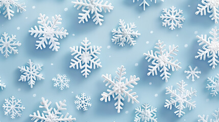 Wall Mural - Numerous white snowflakes are scattered across a blue background, creating a contrast between the delicate snowflakes and the vibrant background. 