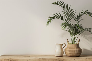 Wall Mural - Interior wall mockup with wooden table jug and green home plants in basket standing on empty white background. 3D rendering illustration.