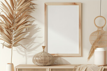 Canvas Print - Horizontal wooden frame mockup in neutral beige minimalist Japandi interior with dried palm leaves and wicker lantern on empty warm  white wall  background. Illustration 3d rendering