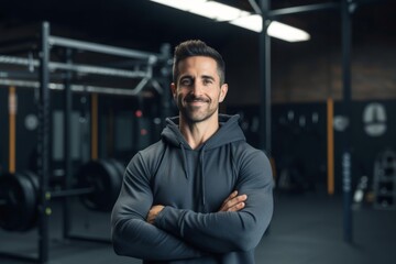 Wall Mural - Portrait of confident male athlete in gym Smiling male athlete standing in gym. Sportsman is with arms crossed. He is wearing hooded shirt