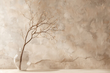 Wall Mural - Interior background of room with beige stucco wall and glass vase with branch 3d rendering