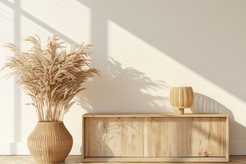 Wall Mural - Interior wall mockup in minimalist Japandi style with light biege wooden console dried pampas grass and wicker basket lamp on empty warm white background. Close up view 3d rendering 3d illustration