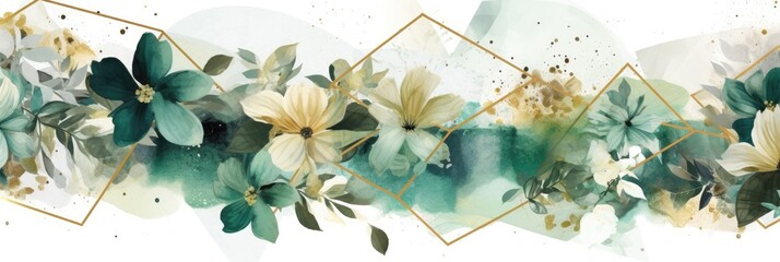 Abstract luxury floral watercolor banner with elegance element and splashes. Golden line with green and gold flower decorated and line arrangement with white background. Elegant design concept. AIG35.