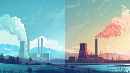 Wall Mural - A power plant burning fossil fuels on one side, and a geothermal plant providing clean energy on the other.