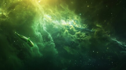 Wall Mural - Green galaxy nebula with gold light for space and science themed designs