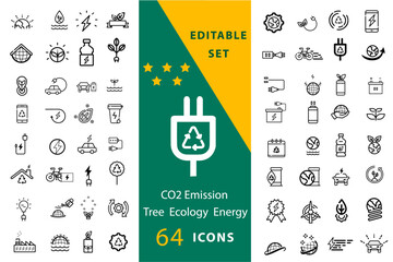 Co2 solar energy ecology Pixel perfect icons. Modern thin outline style of sun power photovoltaic (PV) home system and renewable electric energy technology signs: house, cell, battery.