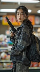 Wall Mural - Three views, front view, side view, rear view, of a young Asian woman with medium length hair, standing full length, pistol in hand