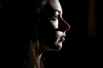 profile portrait of young woman in shadow