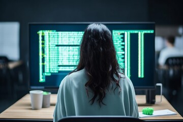 Poster - rear view of female computer hacker coding at desk in creative office