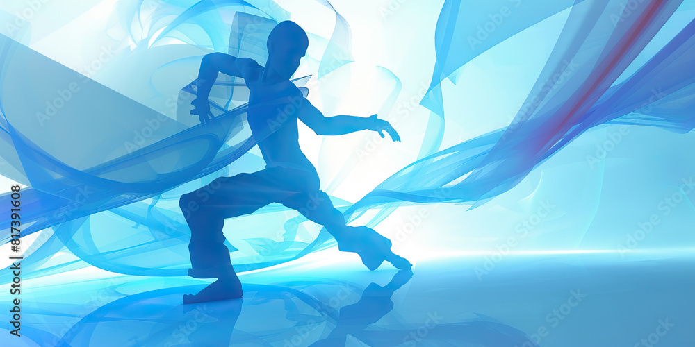 Cool Blue Twist: A figure dances in the center of a room, their body ...