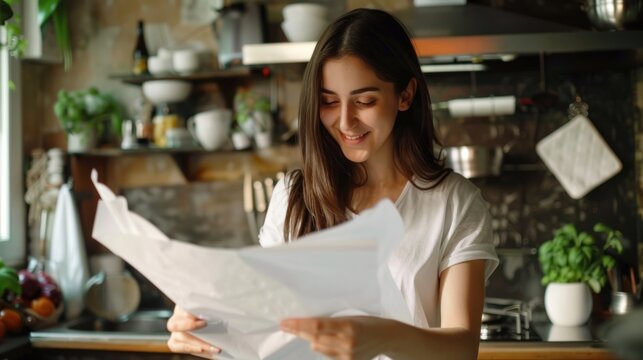 Young woman taking paper towel while following cooking video tutorial in kitchen