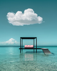 Wall Mural - Floating gazebo with stairs and a sofa, clouds above. Surrounded by blue water. Minimal creative summer vacation and travel concept