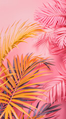 Wall Mural - A yellow and pink  palm leafs on a pink background.Minimal creeative nature concept.Flat lay






