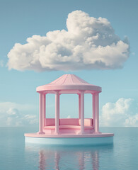 Wall Mural - Floating gazebo with stairs and a sofa, clouds above. Surrounded by blue water. Minimal creative summer vacation and travel concept