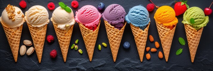 Wall Mural - Assorted ice cream flavors in cones with fresh berries and nuts.