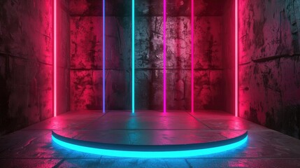Wall Mural - Showcase product podium surrounded by neon lights side view creating vibrant energy Cybernetic tone, Monochromatic Color Scheme realistic