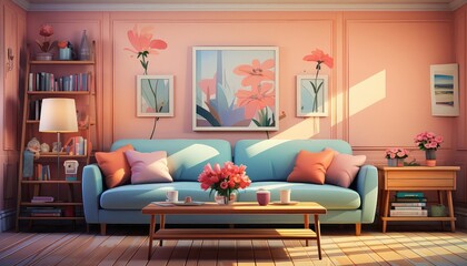 Wall Mural - Family Room background flat design front view cozy gathering theme animation Complementary Color Scheme