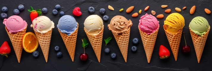 Sticker - Stripe of various ice cream flavors with berries and nuts on black.