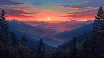 Wall Mural - Smoky mountain sunset realistic