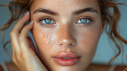 Close up portrait of beauty model with natural make up and touching her face 