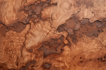 
Burl wood texture features irregular and swirling grain patterns caused by abnormal growths on the tree for fine woodworking and luxury furniture.