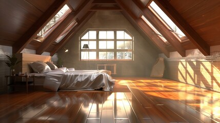 three dimensional of attic bedroom with shiny wooden floor