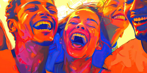 Neon orange drugs: A group of people laughing together, the joy and connection clear on their faces