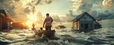 Concept of climate refugees fleeing from flooded homes. Dramatic scene at sunset with people in boats navigating through rising waters, emphasizing the impact of climate change on coastal communities.