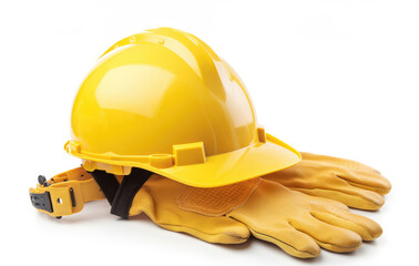 Safety equipment including yellow construction helmet and gloves on white background, worker protection and safety concept