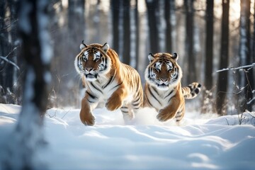 Wall Mural - 'meadows running tiger set amazing typical photo animal dynamic beautiful powerful snow siberian majestic birches environment beast birch black cat cold colourful cool cute dangerous endangered extra'