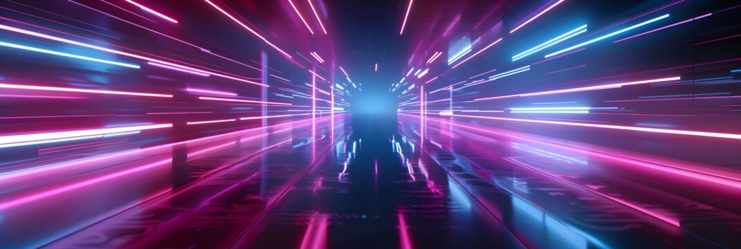 3d abstract technology glowing neon fast speed light background, empty space scene, reflection floor, virtual reality, cyber space futuristic sci-fi background, motion line high speed for mock up.
