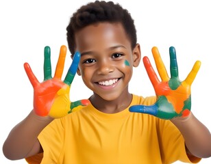Wall Mural - A young Black boy , smiling and showing his colorful painted hands in front of a white backgrou