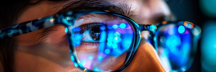 Reflection of data on computer programmer s eyeglasses, depicting a focus on big data analysis