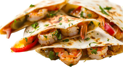 Wall Mural -  Shrimp quesadilla filled with seasoned shrimp, melted cheese, and colorful veggies, arranged neatly, transparent background