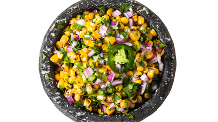 Wall Mural -  Spicy corn salad in a stone bowl, with roasted corn kernels, jalapeños, red onion, and cilantro, garnished with lime wedges, transparent background