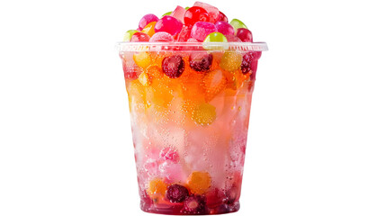 Wall Mural -  Strawberry bubble tea with ice cubes, colorful strawberry jellies, and tapioca pearls in a clear plastic cup, transparent background