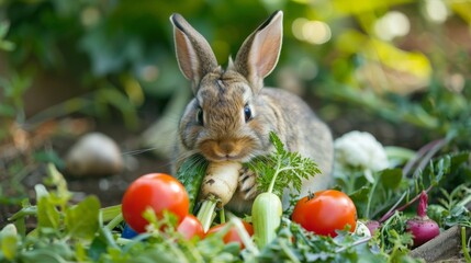 Sweet bunny munching on a variety of fresh vegetables, illustrating the joy of herbivore dining habits.