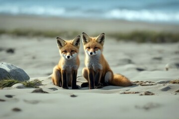 Wall Mural - 'baby scotia wild beach cuddling nova foxes june 2020 red canada fox cute furry family2 fuzzy friends animal kit love adorable young canino playing cuddle together curious small spring background'