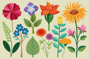 Aufkleber - Vector illustration of colorful flowers and leaves in vibrant hues, creating a lively and vibrant composition.