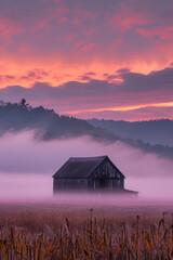 Wall Mural - A tranquil countryside sunrise scene with soft fog blanketing the fields and enveloping a rustic barn, as the first light of dawn paints the sky in shades of pink and gold