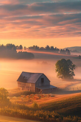 Wall Mural - A tranquil countryside sunrise scene with soft fog blanketing the fields and enveloping a rustic barn, as the first light of dawn paints the sky in shades of pink and gold