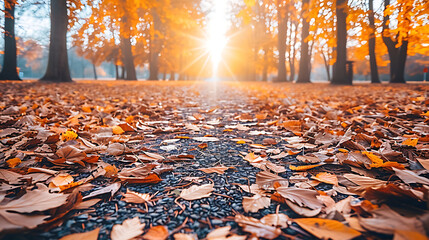 Autumn forest path. Orange tree in autumn city park, red brown maple leaves. Natural landscape.