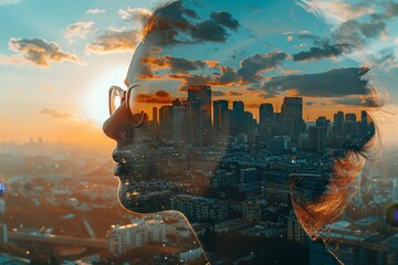 Wall Mural - Double exposure of a businessperson with a city skyline in a contemporary metropolis setting