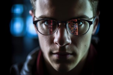 Wall Mural - Portait of young hacker with computer screen reflecting in the man's glasses